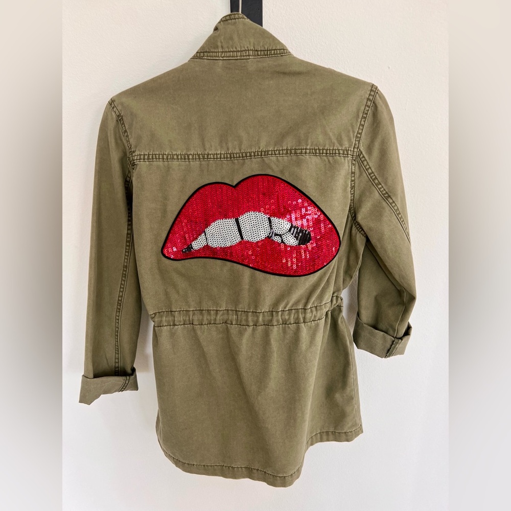 Sequined red lips military jacket one of a kind